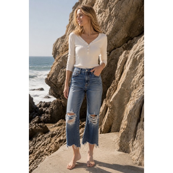 Vervet Denim - Vervet Los Angeles Cropped Rip Jeans‎ High Rise Straight Leg Distressed Blue 27